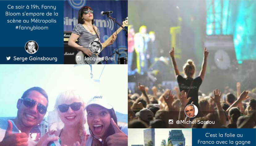 UGC display at FrancoFolies MTL featuring live social media posts from attendees, including photos, tweets, and event updates, showcasing audience engagement on large screens.