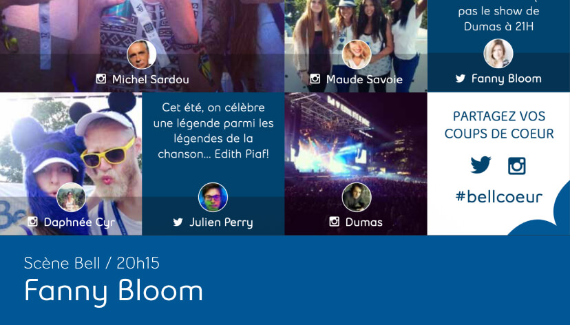 UGC display at FrancoFolies MTL featuring live social media posts from attendees, including photos, tweets, and event updates, showcasing audience engagement on large screens.