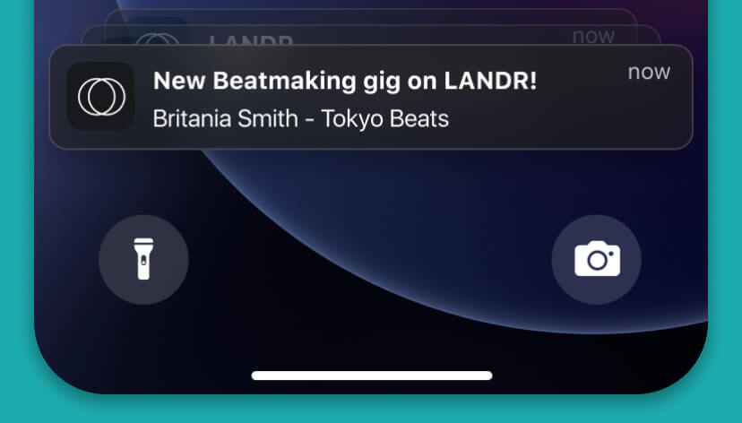 Mobile notification from LANDR app: 'New Beatmaking gig on LANDR! Britannia Smith - Tokyo Beats' with app icon and dark-themed background.