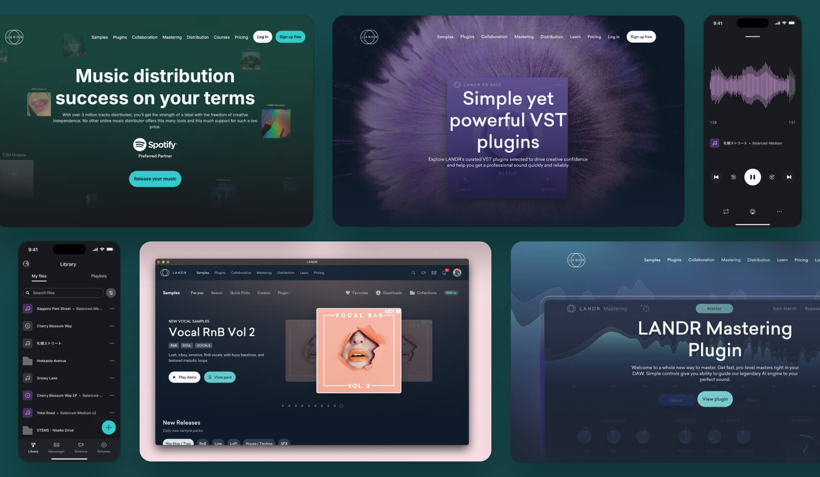 Collage of LANDR ecosystem screens, including music distribution promo, VST plugins page, mobile app library, desktop sample browser, and mastering plugin interface.