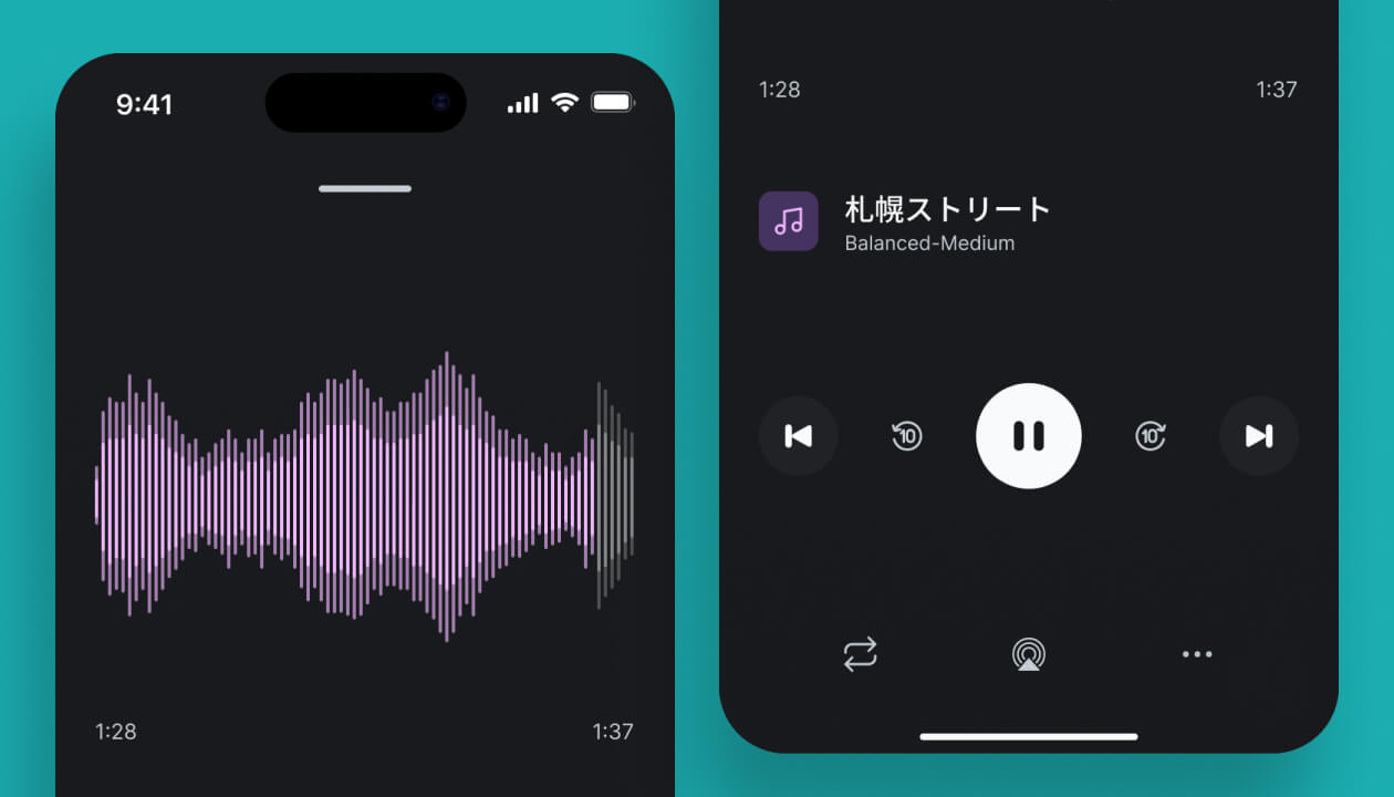 Collage of LANDR mobile app playlist screens, including user profiles, audio player with soundwave visualizations, chat conversations, file library, and streaming stats (2.1K streams, 22 downloads).