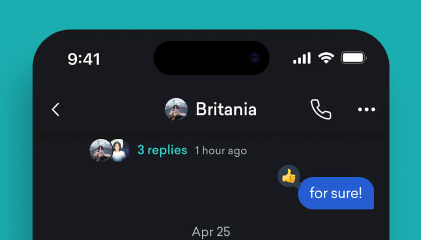 Top part of a mobile chat interface showing a conversation with Britania, including a reply with a thumbs-up emoji and message 'for sure!', followed by a message with an audio file 'asteroids-draft.wav' and 17 comments, and a 'Join Session' button.