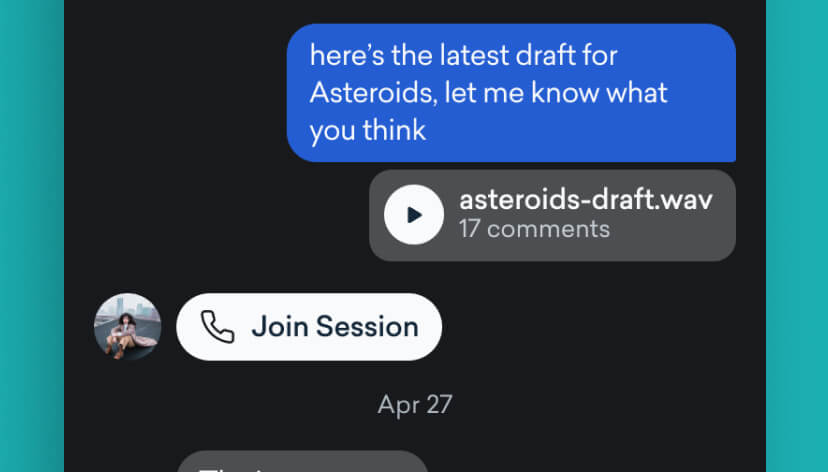 Bottom part of a mobile chat interface showing a conversation with Britania, including a reply with a thumbs-up emoji and message 'for sure!', followed by a message with an audio file 'asteroids-draft.wav' and 17 comments, and a 'Join Session' button.