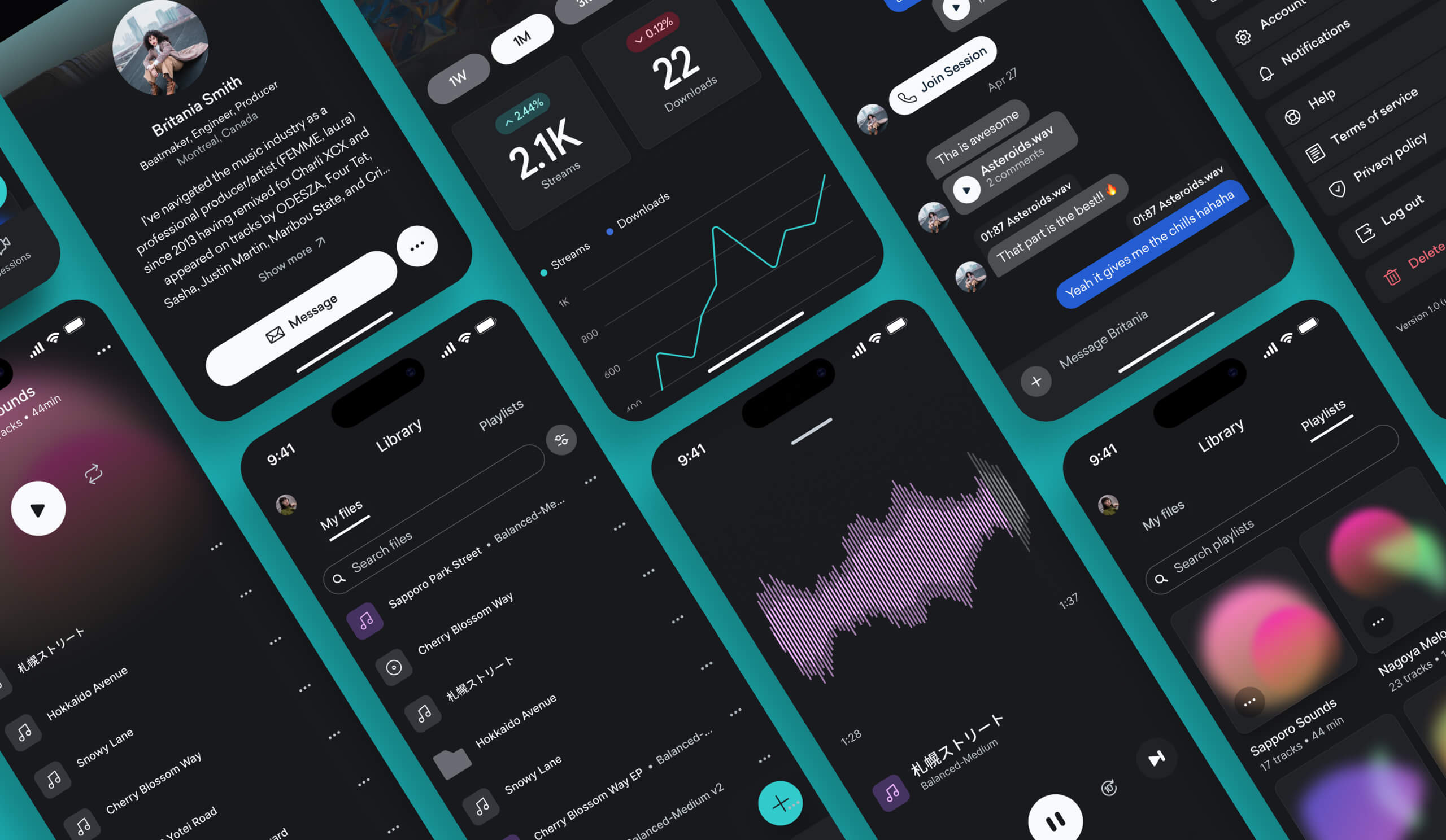 Collage of LANDR mobile app screens, including user profiles, audio player with soundwave visualizations, chat conversations, file library, and streaming stats (2.1K streams, 22 downloads).
