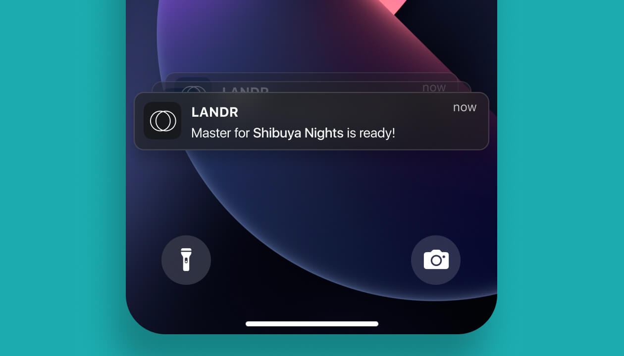 Mobile push notification from LANDR app: 'Master for Shibuya Nights is ready!' with app icon and dark-themed background.