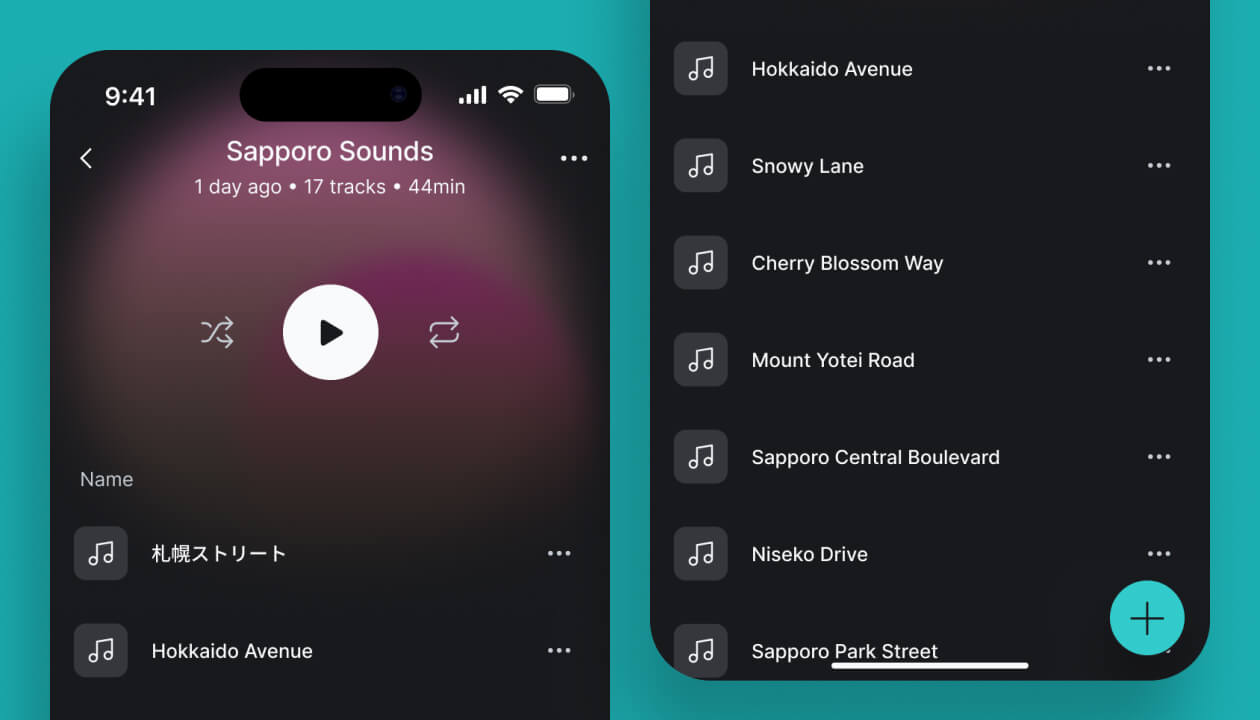 Collage of LANDR mobile app playlist screens, including user profiles, audio player with soundwave visualizations, chat conversations, file library, and streaming stats (2.1K streams, 22 downloads).