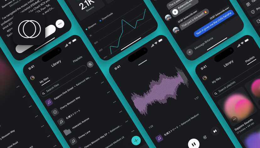 LANDR Mobile App interface collage showing dark-themed screens with audio streaming stats (2.1K streams), library, playlists, and chat features, labeled 'A second chance at making a first impression'.