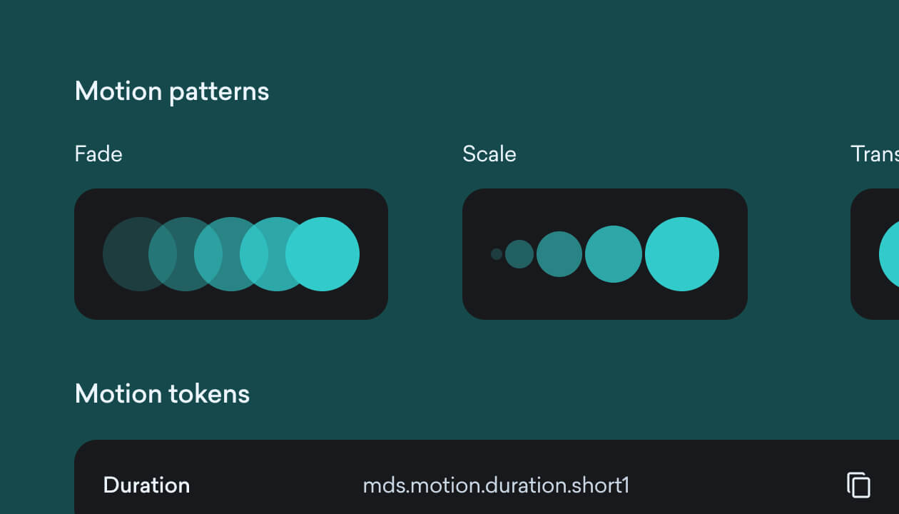 Animation and motion patterns showcase: Fade, Scale, and Transition effects with circular elements, labeled as Motion patterns - Animation styles and tokens support.