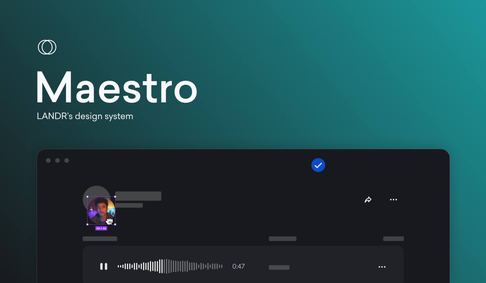 Maestro, LANDR's design system, with a dark-themed header and a blurred interface preview showing a user profile and navigation elements.