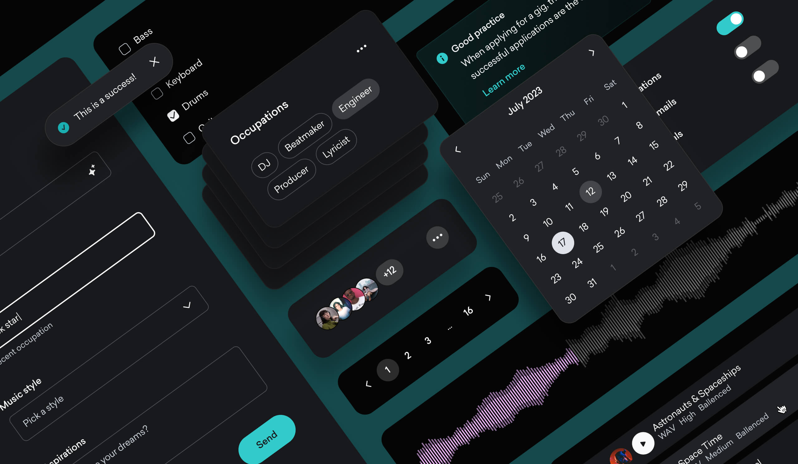 Dark-themed UI preview of Maestro design system components, including a success notification, music style dropdown, July 2023 calendar, and occupation selection cards.