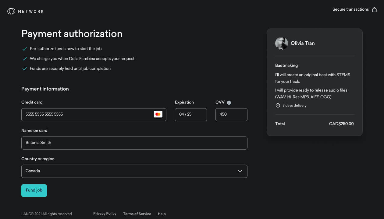 LANDR Network payment page for Olivia Tran's beatmaking service, showing credit card fields, service details, and a 'Fund job' button.