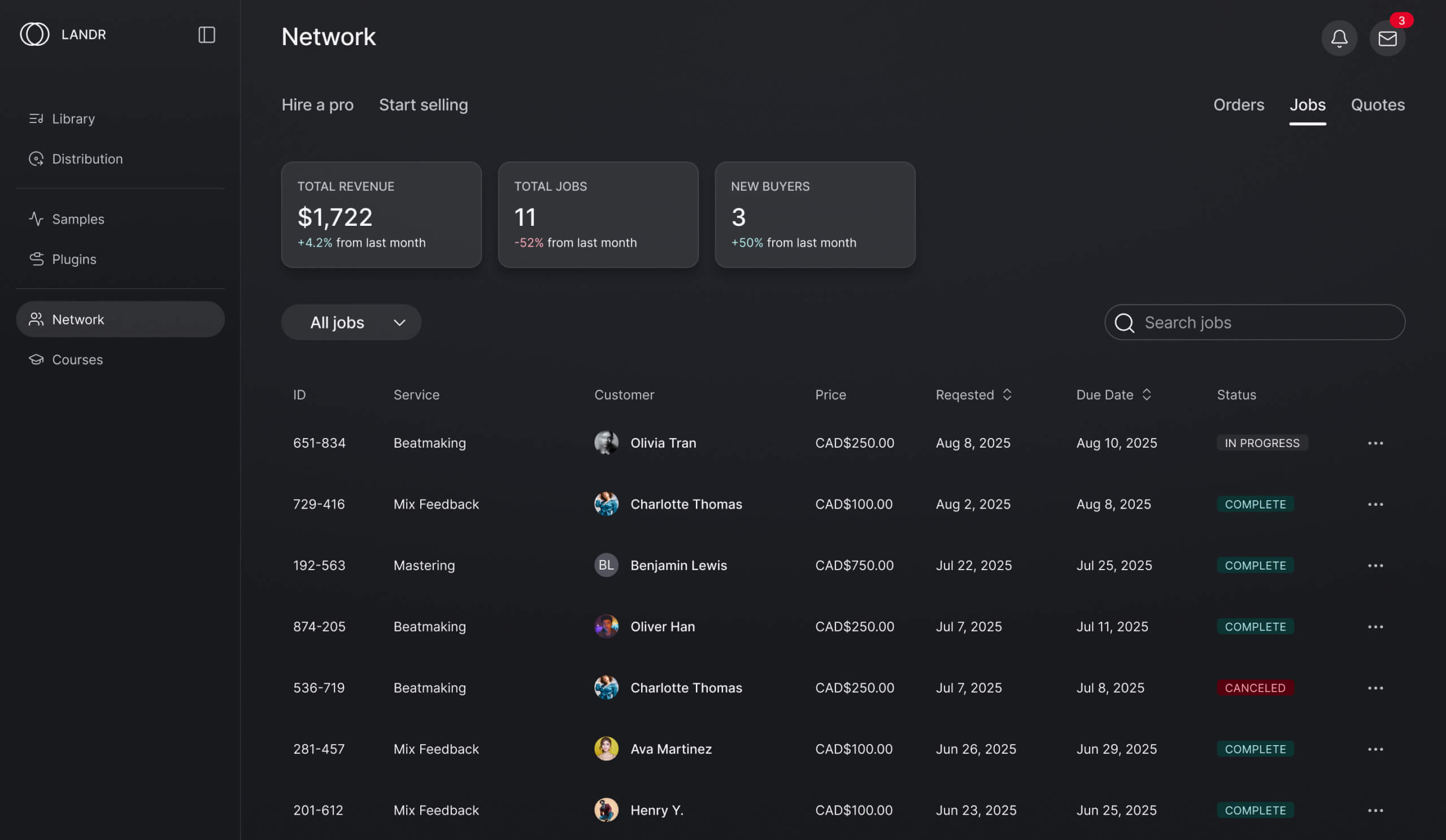 LANDR Network dashboard displaying a list of jobs with details such as ID, service type, provider, price, requested date, due date, and status. The interface includes filters for 'All jobs' and a search bar for orders.