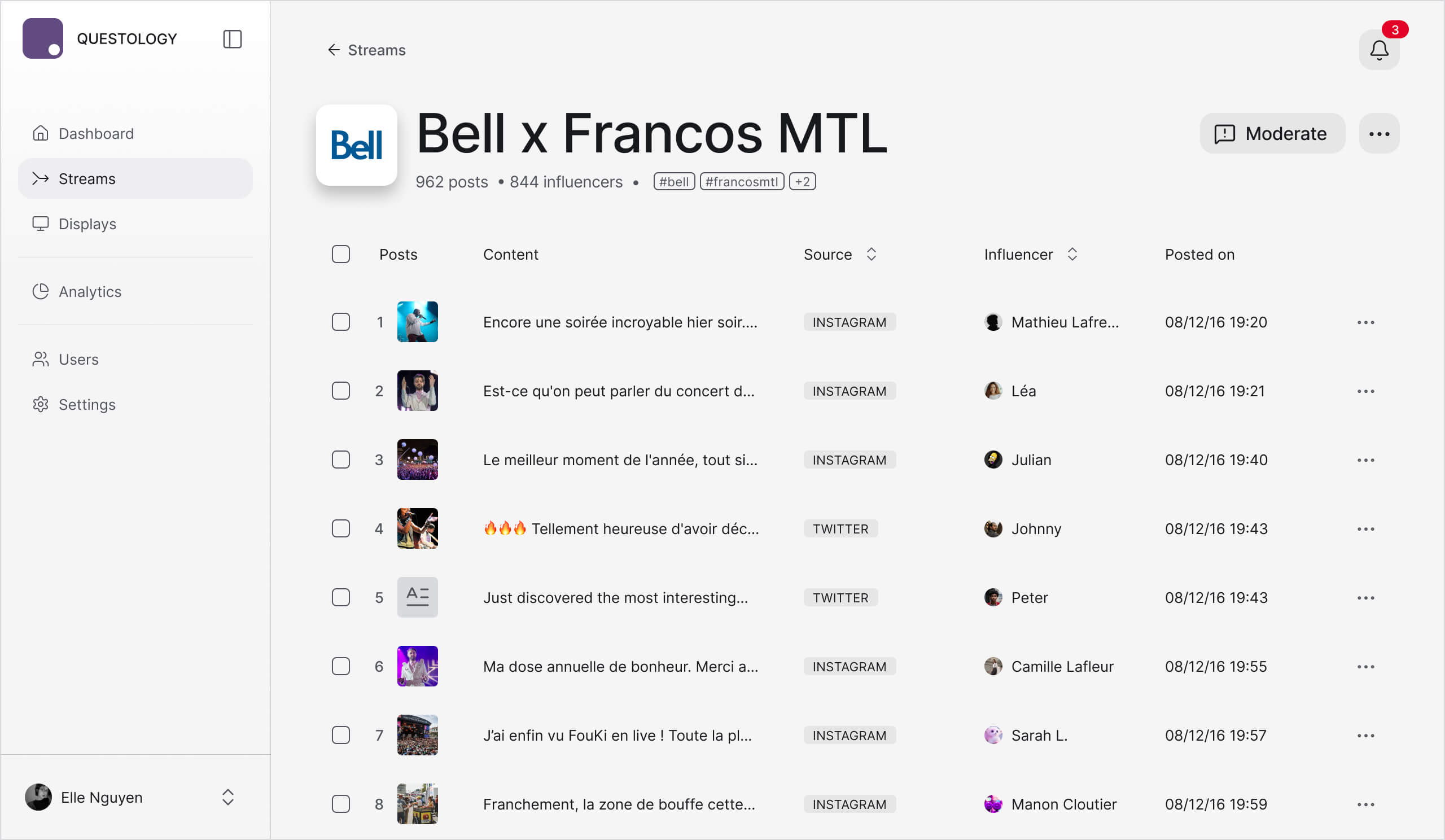 Questology dashboard showing a Bell X Francofolies MTL UGC stream with 962 posts, 844 influencers, and a moderation queue for Instagram and Twitter content.