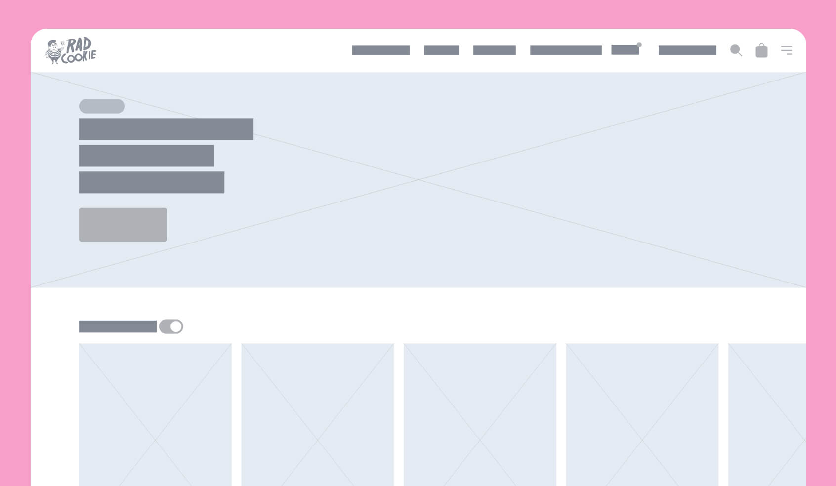 Preliminary wireframe for Rad Cookie website, showing a simple layout with header, navigation menu, and placeholder content blocks.