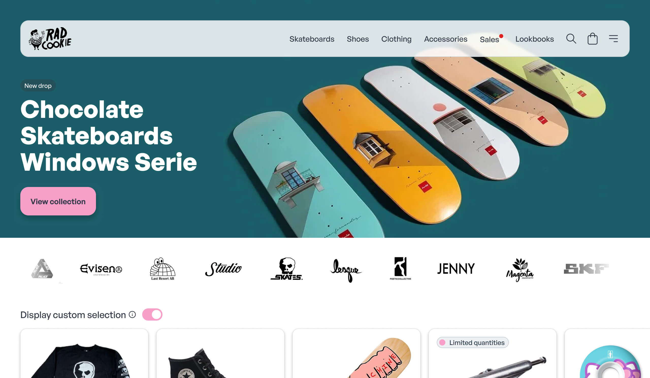 ARad Cookie ecommerce homepage featuring the 'Chocolate Skateboards Windows Series' with colorful skateboard decks, a navigation bar, and a 'View collection' button.