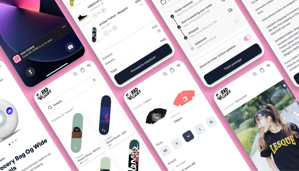 Collage of Rad Cookie app screens, including order confirmation, product search, cart with Jordan Trahan - Respect skateboard, order tracking, and lookbook images.