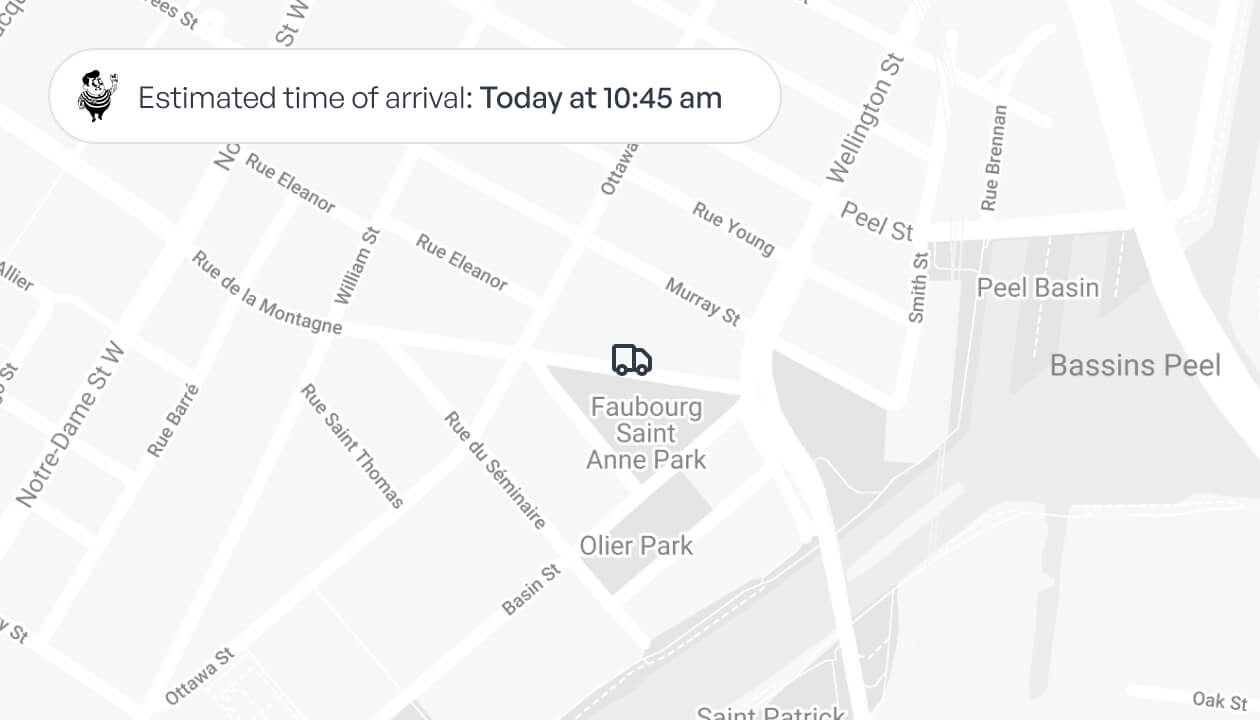 Map view showing estimated time of arrival at 10:45 am today, with a delivery truck icon at Faubourg Saint Anne Park in Montreal.