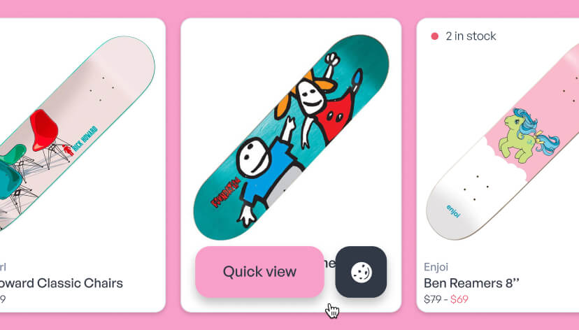 Mobile ecommerce interface displaying three skateboard decks with colorful designs, stock status, and a 'Quick view' button for the middle item.
