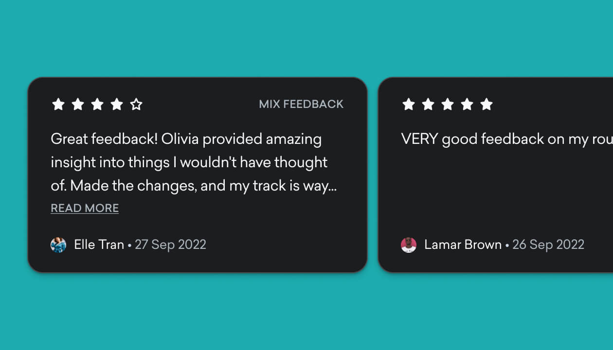Two 5-star reviews for LANDR's Mix Feedback service. The first review by Elle Tran (27 Sep 2022) reads, 'Great feedback! Olivia provided amazing insight into things I wouldn’t have thought of. Made the changes, and my track is way...' The second review by Lamar Brown (26 Sep 2022) starts with, 'VERY good feedback on my rou...' Both reviews are displayed on a dark-themed background.