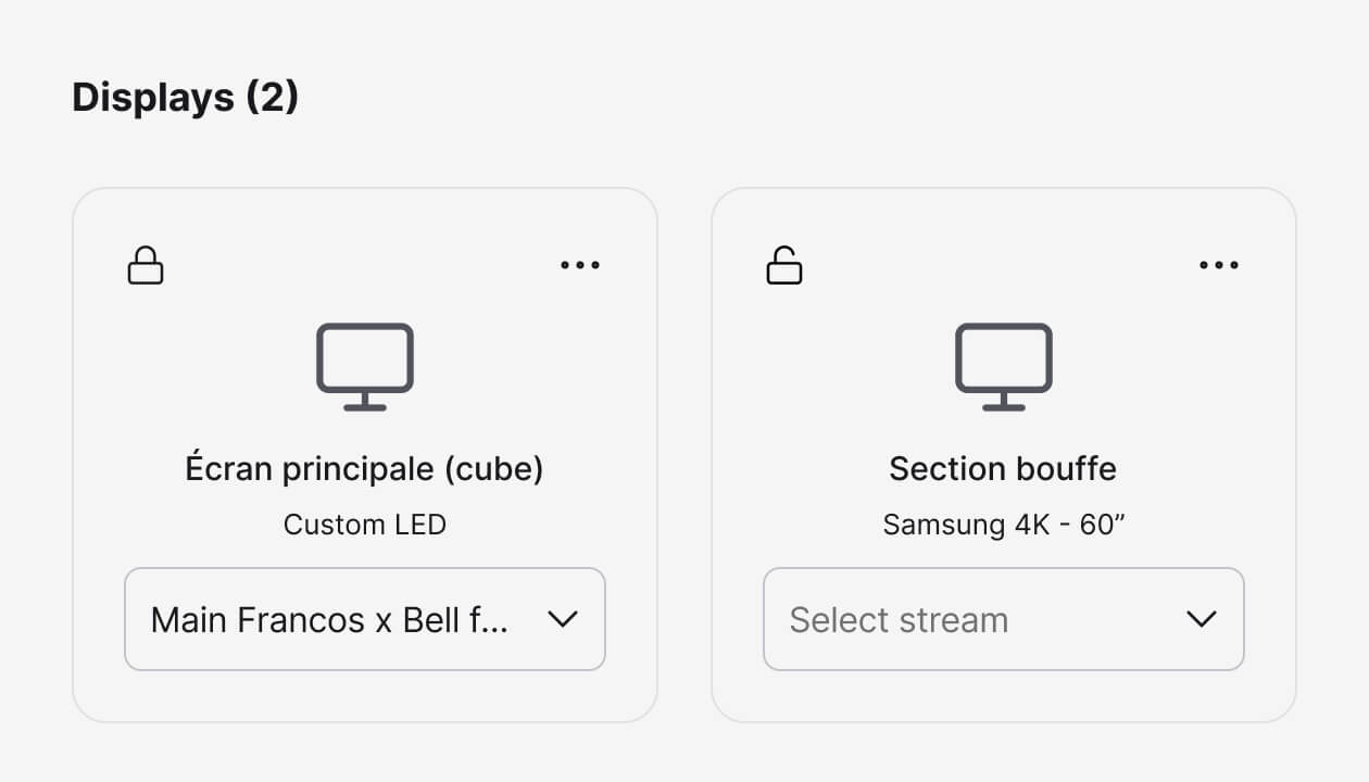 Displays setup for UGC broadcasting: 'Écran principale (cube)' with a Custom LED screen for the 'Main Francofolies x Bell' stream, and 'Section bouffe' with a Samsung 4K 60-inch screen for a selectable stream.